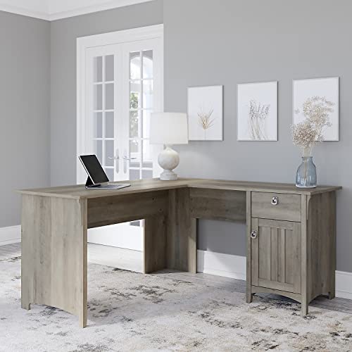 Bush Furniture Salinas L-Shaped Storage | Study Table with Drawers & Cabinets | Home Office Computer Desk, 60W, Driftwood Gray - WoodArtSupply