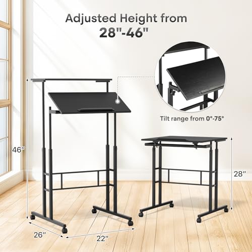 Athena Collection Height Adjustable Rolling Desk Mobile Portable Laptop Stand Cart Small Sit Standing Desk Computer Table Workstation for Home Office, Black Athena Collection