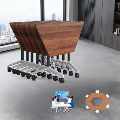 Folding Walnut Trapezoid Conference Tables,47.2" Modern Modular Conference Room Tablesfor 10 People,Mobile Training Table with Wheels,Flip Top Rolling Seminar Meeting Table (8 Pack) FERYSUN