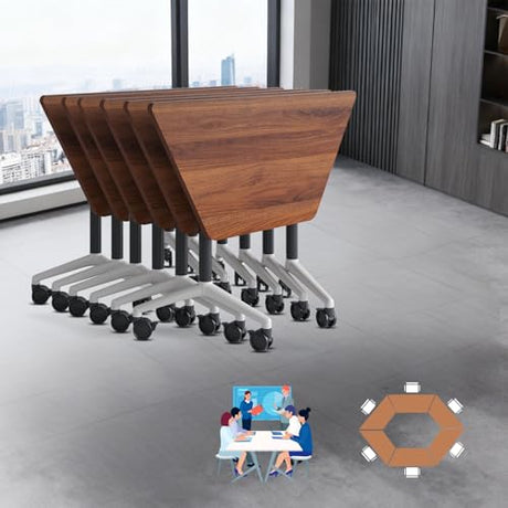 Folding Walnut Trapezoid Conference Tables,47.2" Modern Modular Conference Room Tablesfor 10 People,Mobile Training Table with Wheels,Flip Top Rolling Seminar Meeting Table (8 Pack) FERYSUN