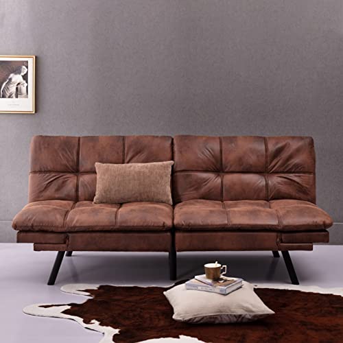 Anwick Convertible Memory Foam Futon Couch Bed, Leather Futon Sofa Bed, Folding Modern Sleeper Sofa with Quick Adjustable Armrest and Backrest for Studio Apartment/Home Office/Small Space (Brown) Anwick