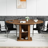Extendable Round Conference Table for 4-8 People, 43in-59in Modern Oval Meeting Room Table with Storage, Fluted Wood Slide Doors, Small Compact, Office, Training, Conference Room, Walnut Jluomei