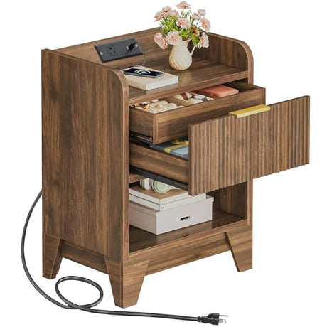 HOOBRO Fluted Nightstand with Charging Station, End Table with Hidden Drawer, Modern Bedside Table, Wooden Night Stand for Bedroom, Study, Dark Walnut WL351UBZ01 HOOBRO