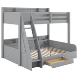 Twin over Full Bunk Bed with Storage Shelves, Wood Twin Bunk Beds with Ladder and Built-in Drawer, Multifunctional Bunk Bed Frame with Led Lights and Charging Station for Kids Girls Boys, Gray Harper & Bright Designs