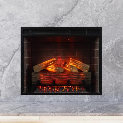 Modern Ember Uptown 23" Smart Electric Fireplace Insert, Alexa/WiFi Enabled - Includes Remote, 1,000 Sq Ft Electric Heater with Realistic Ember Bed & Log Set, Brick Background Modern Ember