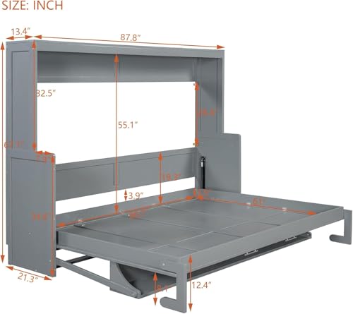 Queen Horizontal Murphy Bed with Desk,Solid Wood Folding Hideaway Murphy Wall Bed for Adult,Guest Room (Grey,Queen) MERITLINE