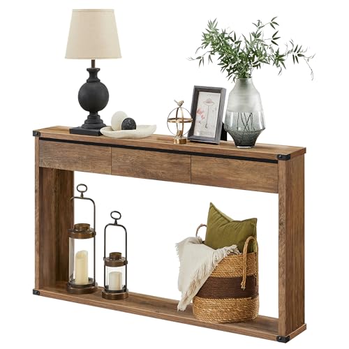 VASAGLE Sofa Console Table, 47.2 Inches Narrow Entryway Table with 3 Drawers, Bottom Shelf, Metal Corners, for Living Room, Bedroom, Farmhouse Style, Honey Brown ULNT143KB01S VASAGLE