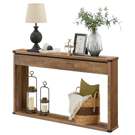 VASAGLE Sofa Console Table, 47.2 Inches Narrow Entryway Table with 3 Drawers, Bottom Shelf, Metal Corners, for Living Room, Bedroom, Farmhouse Style, Honey Brown ULNT143KB01S VASAGLE