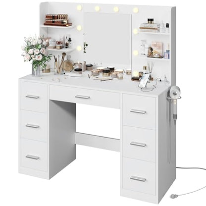 YESHOMY Vanity Desk with Mirror, Power Outlet and 10 Lights, Makeup Table with 7 Drawers, 3 Color Modes Available for Bedroom, White - WoodArtSupply