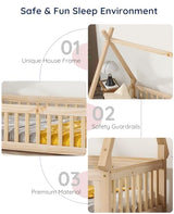 Tatub Twin Montessori House Floor Bed Frame with Rails and Roof - Nature-Inspired Kids Teepee Bed Tatub