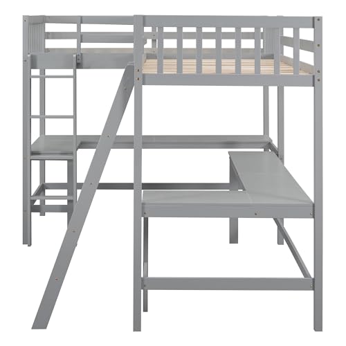 Harper & Bright Designs L-Shaped Loft Bed with Desks, Wood Twin Size Loft Bed with Ladder & 2 L-Shaped Desks, Corner Twin Bed for Kids, Teens, Adults (Gray) Harper & Bright Designs
