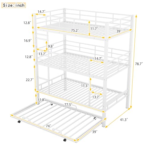 Triple Bunk Bed with Trundle Guardrail & Ladder Twin Size Metal, No Box Spring Needed, Easy Assemble Merax