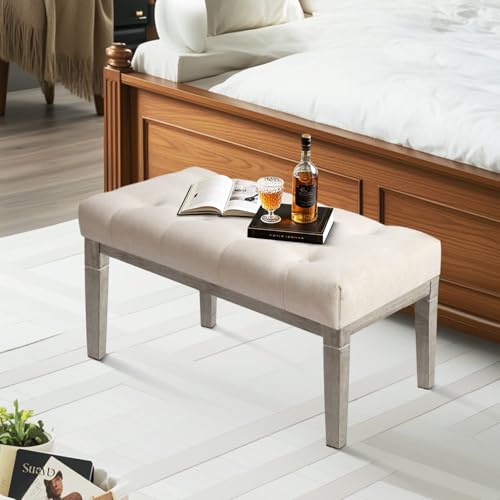 CangLong 27.5 inch Wide Rectangle Ottoman Bench, Tufted Fabric Footrest with Wood Leg for Living Room, Bedroom & Entry, Beige CangLong