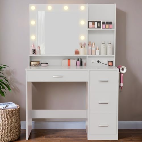 Furmax Vanity Desk with LED Lighted Mirror&Power Outlet, 39.3’’ Makeup Vanity Table with 4 Drawers and 3 Storage Shelves, Adjustable 3 Lighting Color for Bedroom&Dressing Room (White) Furmax