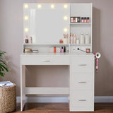 Furmax Vanity Desk with LED Lighted Mirror&Power Outlet, 39.3’’ Makeup Vanity Table with 4 Drawers and 3 Storage Shelves, Adjustable 3 Lighting Color for Bedroom&Dressing Room (White) Furmax