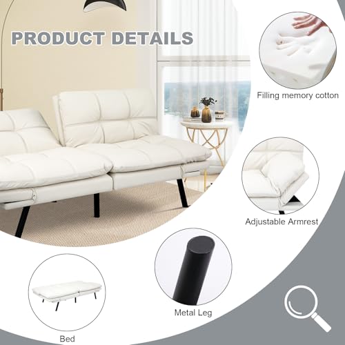 MUUEGM Futon Sofa Bed Convertible Couch,Memory Foam Futon Sofa Couch,Sleeper Futons Sofa Couches,Small Splitback Modern Loveseat Sofa Bed for Living Room,Office,Apartment,Faux Leather,White. MUUEGM