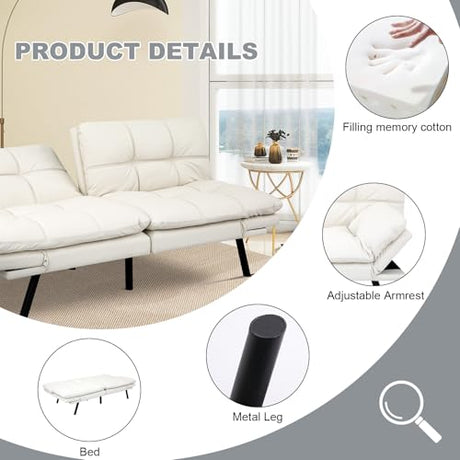 MUUEGM Futon Sofa Bed Convertible Couch,Memory Foam Futon Sofa Couch,Sleeper Futons Sofa Couches,Small Splitback Modern Loveseat Sofa Bed for Living Room,Office,Apartment,Faux Leather,White. MUUEGM