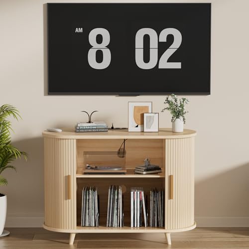 KSOBEBVT Record Player Stand with Vinyl Storage - Turntable Stand with Record Storage, Vinyl Record Stand Table, Media Cabinet w/Charging Station, LED Lights & Sliding Door (Natural, 39") KSOBEBVT