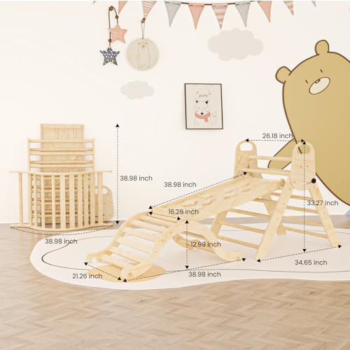 Sehloran Large Size 8 in 1 Pikler Triangle Set with Pinball Game and Tent for Kids, Foldable Toddler Climbing Toys Indoor, Natural Wooden Montessori Climbing Set Jungle Gym with Arch&Ramp&Ladder