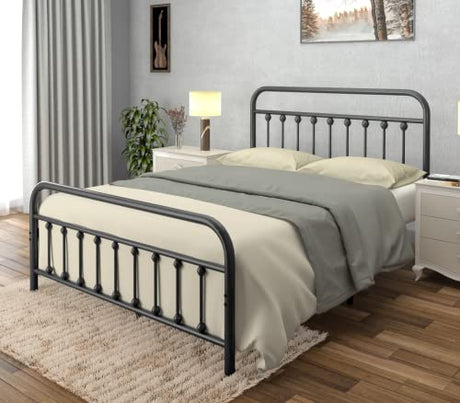 Vintage Queen Size Bed Frame by AMBEE21 - Black Wrought Iron Platform with Headboard & Footboard, Heavy-Duty Steel Design, Farmhouse Industrial Style, 1000 lbs Capacity AMBEE21