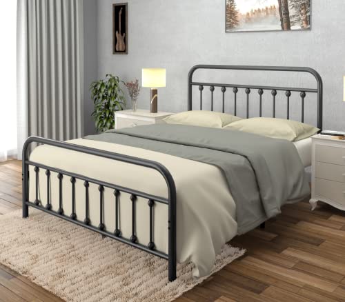 Vintage Queen Size Bed Frame by AMBEE21 - Black Wrought Iron Platform with Headboard & Footboard, Heavy-Duty Steel Design, Farmhouse Industrial Style, 1000 lbs Capacity - WoodArtSupply