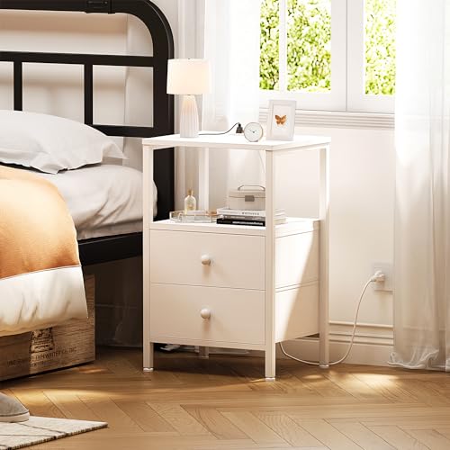 KAI-ROAD White Night Stand with Charging Station and USB Ports, Small Nightstand with Drawers and Shelf Storage End Table for Bedroom, Dorm, Modern Bedside Table - WoodArtSupply