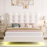 HIFIT Upholstered Full Size LED Bed Frame with Charging Station and Adjustable Crystal Button-Tufted Puffs Headboard, Velvet Princess Floating Platform Bed Frames for Girls, No Box Spring Needed,Beige HIFIT