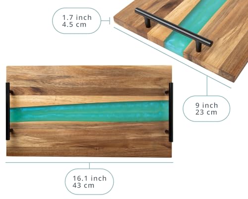 Visually Stunning Celeste Blue Resin + Acacia Wood Serving Board with Handles - 16x19 Serving Tray for Food, Breakfast in Bed, Coffee Table, Decor, Skincare Organization, Snacks, Patio, BBQ, Lap Tray Comfify