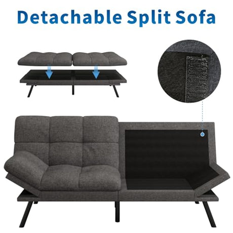 MUUEGM Futon Sofa Bed, 71" Convertible Linen Memory Foam Couch Bed, Modern Backrests Armrests Love Seat for Living Room,Apartment,Office,Charcoal Grey Sleeper Couch MUUEGM