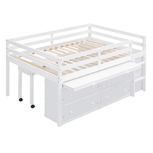 Low Loft Bed with Desk and Storage, Full Size Kids Loft Bed Frame with 4 Drawers and Rolling Portable Desk for Children and Teens, Boys, Girls, White Bellemave