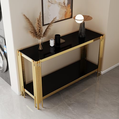 Maotifeys Modern 2-Tier Glass Console Table Luxury Black Tempered Glass Top Sofa Table with Shiny Gold Legs 55" Slim Entryway Hall Tables with Storage Shelf for Living Room Bedroom Maotifeys