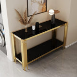Maotifeys Modern 2-Tier Glass Console Table Luxury Black Tempered Glass Top Sofa Table with Shiny Gold Legs 55" Slim Entryway Hall Tables with Storage Shelf for Living Room Bedroom Maotifeys