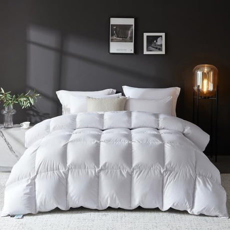L LOVSOUL Goose Feather Down Fiber Comforter Queen Size, 100% Organic Cotton Fabric Duvet Insert,1200TC,750+Fill Power, Hotel Collection, All Season White Bedding Comforters with 8 Tabs L LOVSOUL