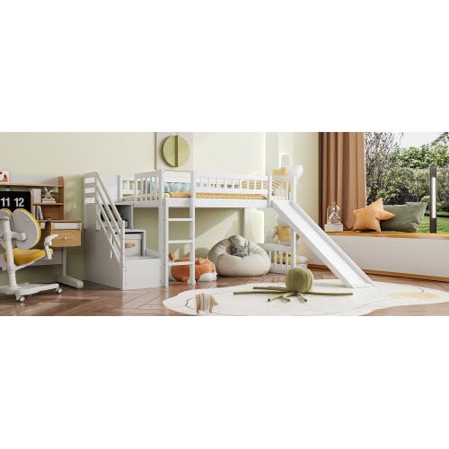 Harper & Bright Designs Kids Loft Bed with Slide and Storage Stairs, Twin Size Wooden Loft Bed with Built-in Ladder, White Harper & Bright Designs
