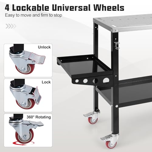 Goplus Rolling Welding Table, 1200 lbs Welding Workbench Table Top w/4 Lockable Wheels, Tool Rack & Tray, 5/8” Holes, 8 Tool Slots, 2 Nozzle Holders, 36” x 18” Welding Fixture Table for Shop  - WoodArtSupply