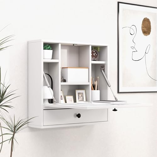 IFANNY Folding Wall Desk, Wood Wall Mounted Desk with Storage Drawer and Shelves, Fold Down Wall Mount Laptop Desk, Corner Floating Desk for Small Spaces (White) - WoodArtSupply