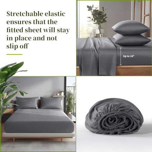 Shilucheng 100% Viscose Derived from Bamboo_ Sheets Queen Size 4pcs - Ultra Cooling & Silky Soft Bed Sheets, 16" Deep Pocket, Perfect for Hot Sleepers, Hotel Bedding Sheets (Dark Grey) Shilucheng