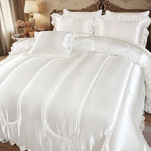 Silk Like Satin Comforter Set with Sheet Set King 8 Pcs White Satin Bedding Set Silky Ruffle Pattern Home Deocr Luxury Hotel Silky Bed in a Bag with 1 Cushion Cover Bedding_Dreamer
