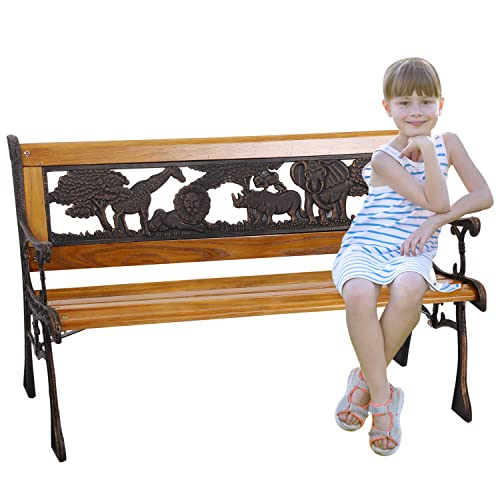 YYkokocat Child Outdoor Bench 32" Wooden Garden Bench with Cast Iron Armrest Small Animals Kids Bench Park Benches for Outside Patio Backyard Deck Yard, 32" L x 14" W x 19" H