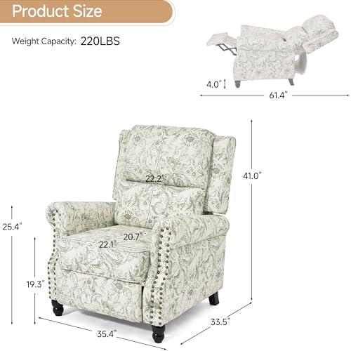 Blissabod Pushback Recliner Chairs Set of 2, Green Pattern Wingback Recliner Chair in Fabric, Upholstered Push Back Armchair Recliner, Single Sofa with Trim Wood Legs for Living Room (Rococo Green)