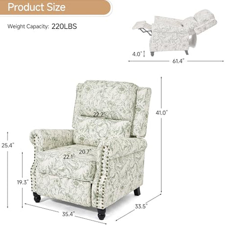 Blissabod Pushback Recliner Chairs Set of 2, Green Pattern Wingback Recliner Chair in Fabric, Upholstered Push Back Armchair Recliner, Single Sofa with Trim Wood Legs for Living Room (Rococo Green) Blissabod