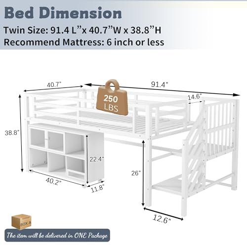 MoproBeti Low Loft Bed with Stairs, Metal Kids Loft Bed with Storage Cubby, Twin Low Loft Bed with Safety Guardrail and Under-Bed Play Space for Girls Boys,No Box Spring Needed,White MoproBeti