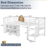 MoproBeti Low Loft Bed with Stairs, Metal Kids Loft Bed with Storage Cubby, Twin Low Loft Bed with Safety Guardrail and Under-Bed Play Space for Girls Boys,No Box Spring Needed,White MoproBeti