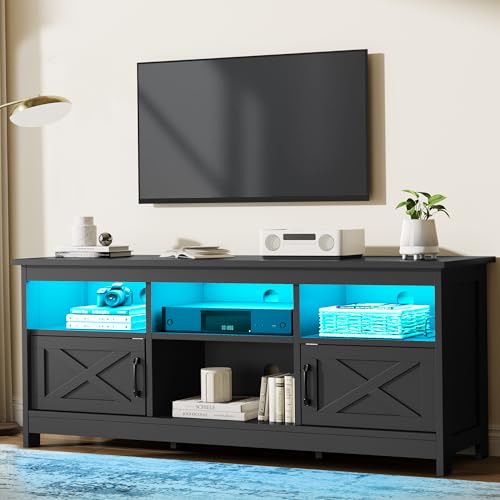 YITAHOME Farmhouse TV Stand with Power Outlet, LED Light Entertainment Center for TVs up to 65 Inch, TV Cabinet with Storage, Rustic Media Console for Living Room, 59" Black - WoodArtSupply