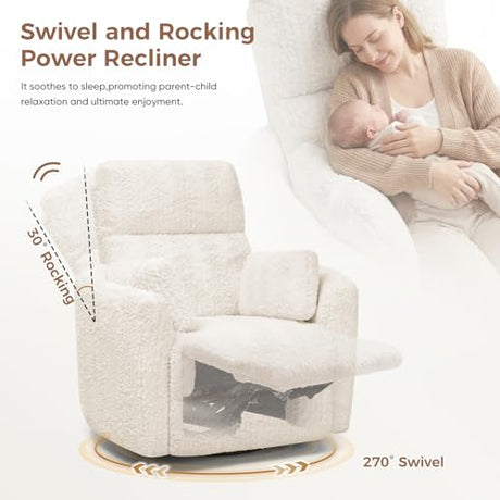 SENYUN Power Swivel Rocker Recliner for Adults, Large Glider Rocking Chair w/ 2 Pillows, USB and Type-C Ports, Night Light, Fluffy Plush Nursery Chair for Living Room, Bedroom,Nursery, Beige SENYUN