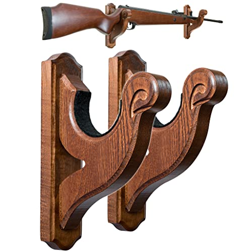 TESLYAR Gun Rack Wall Mount Hold Up Displays Horizontal Gun Rack and Shotgun Hooks Store Rifle Shotgun Bow Real Hardwood Hanger Brown - WoodArtSupply