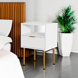 AEPOALUA Nightstand,Modern Bedside Table with Gold Frame,White Night Stand,Bedside Furniture,Small End Table with Drawer and Shelf for Bedroom,Living Room AEPOALUA
