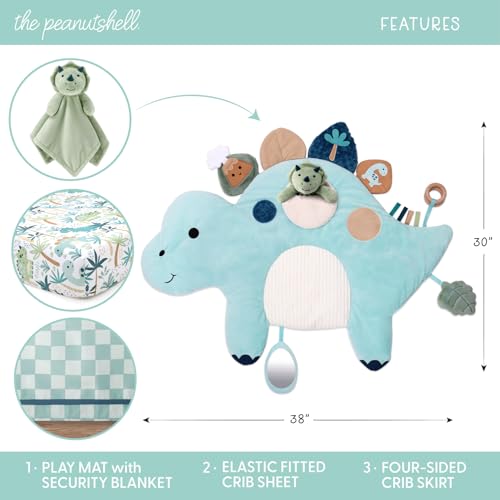The Peanutshell 4 Piece Nursery Bundle: Crib Sheet & Dinosaur Baby Tummy Time Mat & Nursery Decor & Dino Plush Security Blanket Play Toy The Peanutshell