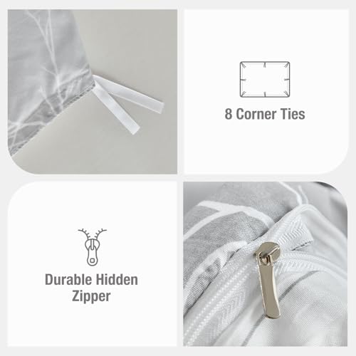 Lekesky Reversible Duvet Cover Queen Size, Grey White Branch Comforter Cover Queen 3pcs Microfiber Botanical Bedding Set with Zipper Closure Corner Ties Lekesky
