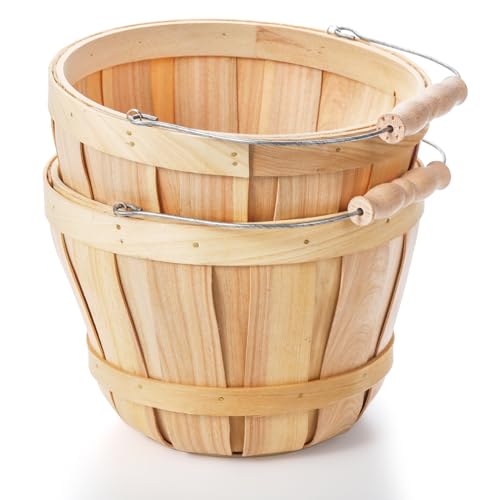 Okllen 2 Pack Round Wooden Baskets with Handle, Empty Wood Fruit Buckets, Fall Harvest Basket for Display Fruits Vegetables, Home Garden and Party Supplies, Natural Color Okllen